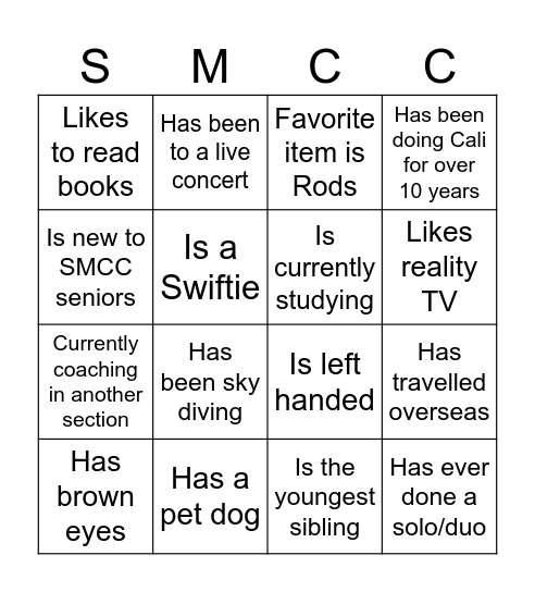SMCC Seniors Bingo Card