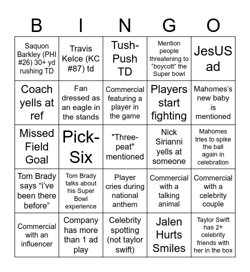 Super Bowl LIX Bingo Card
