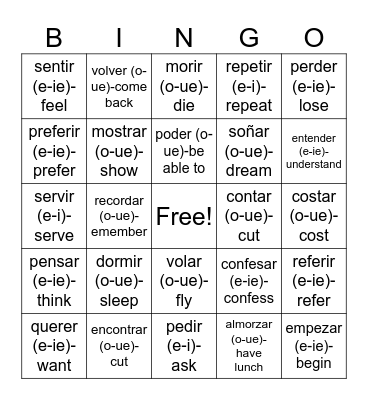 STEM CHANGING VERBS Bingo Card