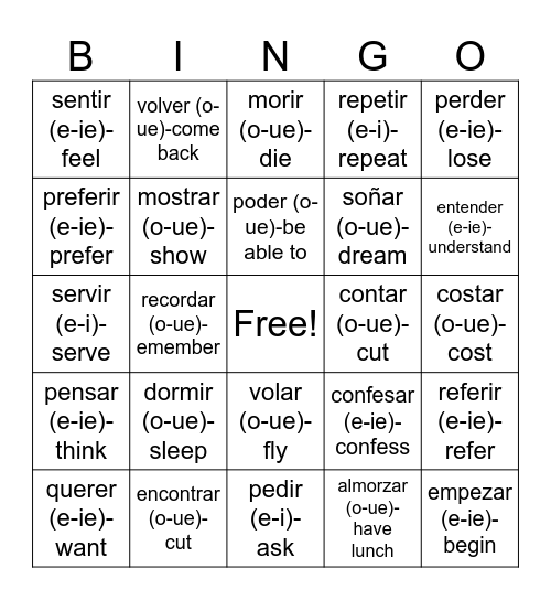 STEM CHANGING VERBS Bingo Card
