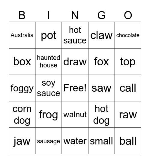 au, a, o, (aw) Bingo Card