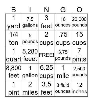 Customary Units Bingo Card