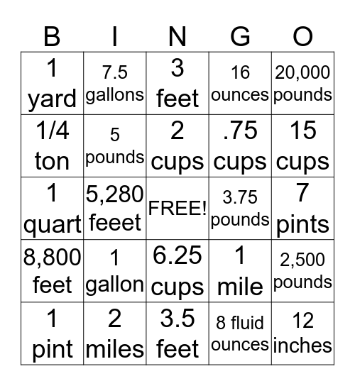 Customary Units Bingo Card