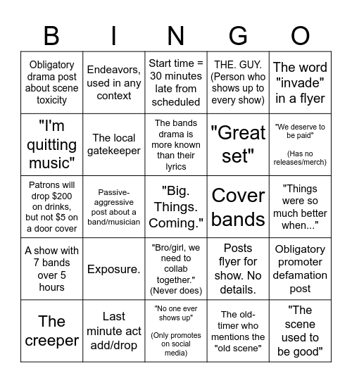 Local Music Scene Bingo Card