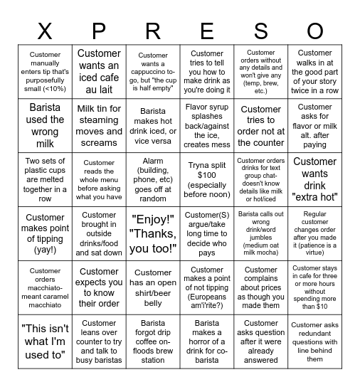Barista Bingo! Bingo Card