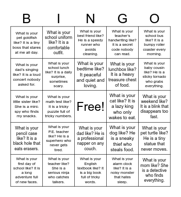 What is it like? Bingo Card