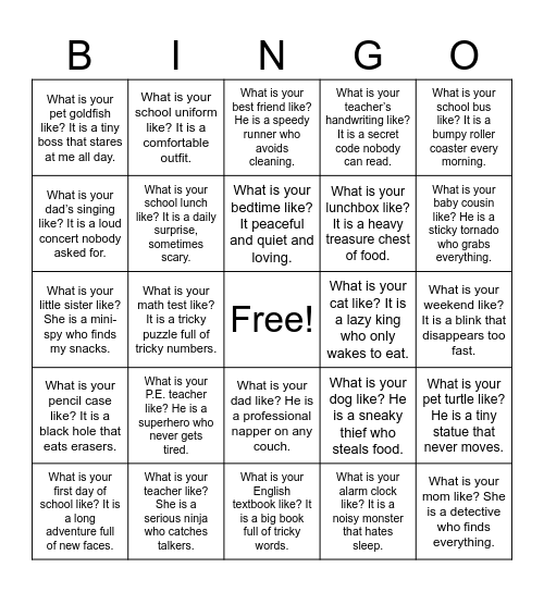 What is it like? Bingo Card