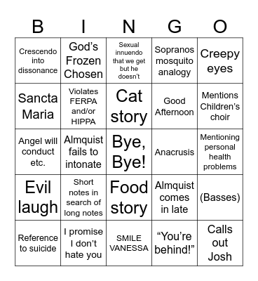 Almquist Says Bingo Card
