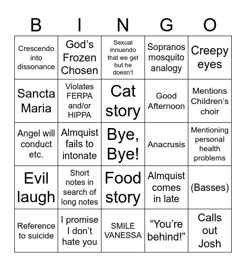 Almquist Says Bingo Card