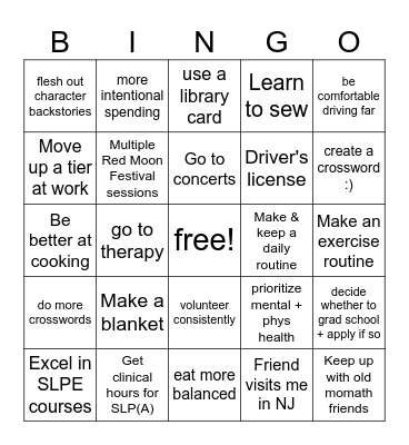 Alexandra's 2025 goals Bingo Card