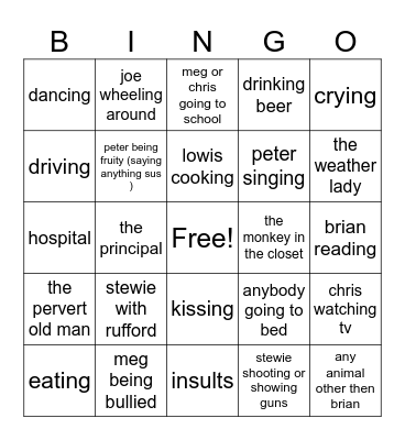 family guy Bingo Card