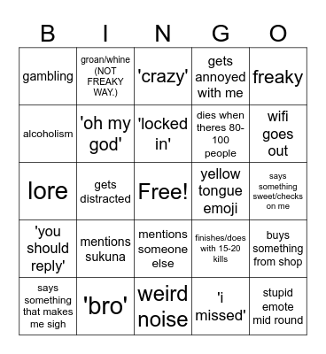 vae fortnite bingo Card
