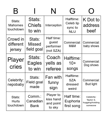 Super Bowl LIX Bingo Card