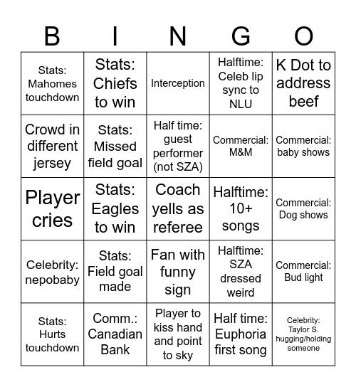 Super Bowl LIX Bingo Card