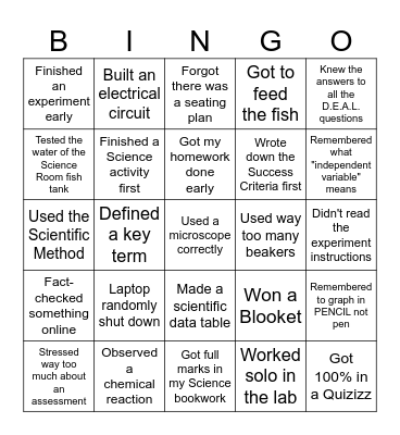 HHHS 9/10 Science Bingo Card
