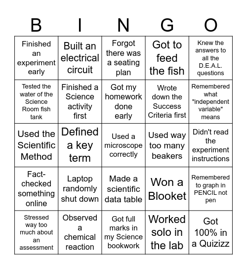 HHHS 9/10 Science Bingo Card