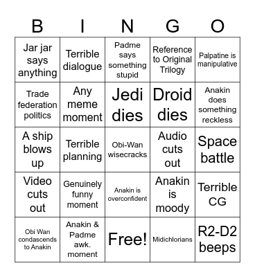Star Wars Episode 2 Bingo Card
