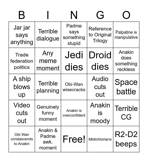 Star Wars Episode 2 Bingo Card