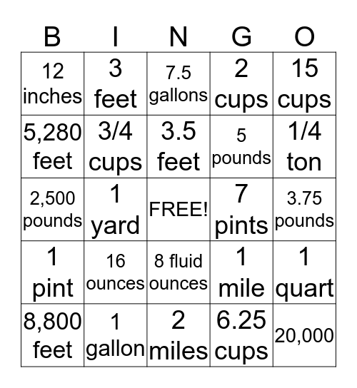 Customary Units Bingo Card