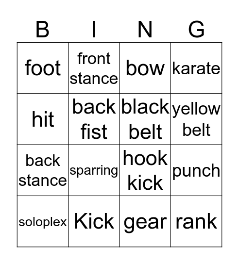 Megan's Karate Bingo Card