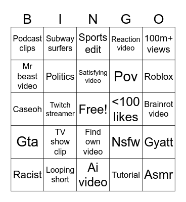 YouTube shorts Bingo Card