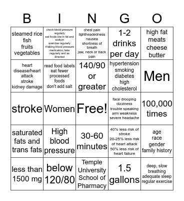 Heart Health Bingo Card