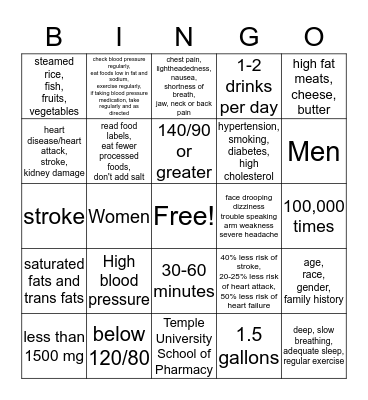 Heart Health Bingo Card