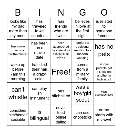Love Connection Bingo Card