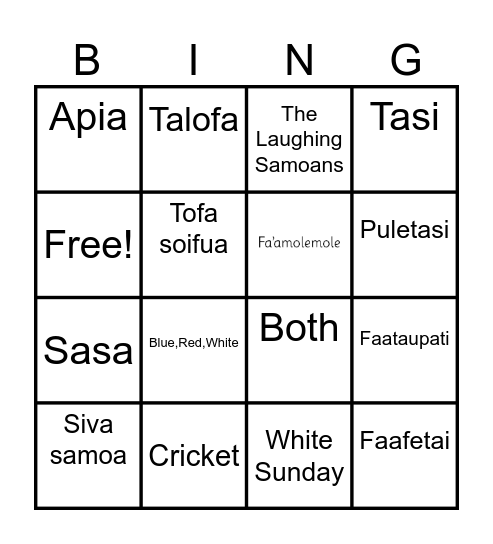 Samoan language Week Bingo Card