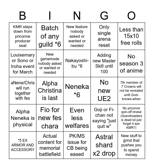 Priconne 7th anni bingo by an angry clan lead Bingo Card