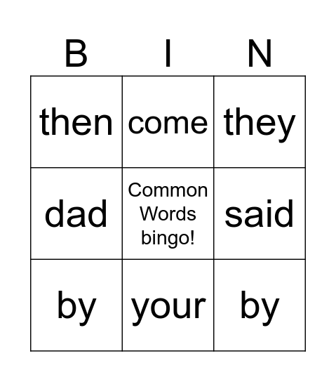 Common Words Bingo Card