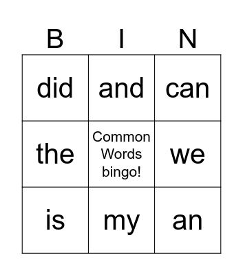 Common Words Bingo Card