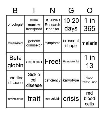 Ms. Q's Sickle Cell Bingo Game Bingo Card