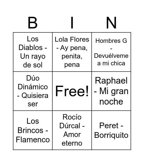 CANCIONES 1950-2000 Bingo Card