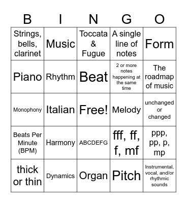 Elements of Music Bingo Card