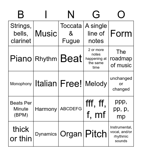 Elements of Music Bingo Card