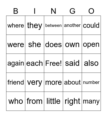 Trick Word Bingo Card