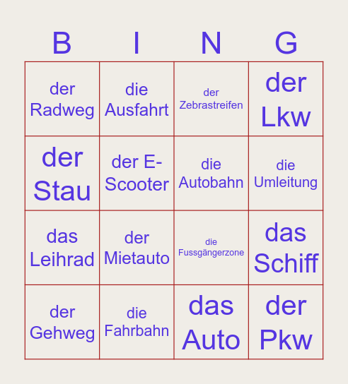 Verkehr Bingo Card
