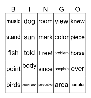 sight words Bingo Card