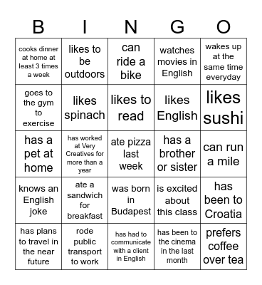 Very Creatives - Find Someone Who - Lesson 1 Bingo Card