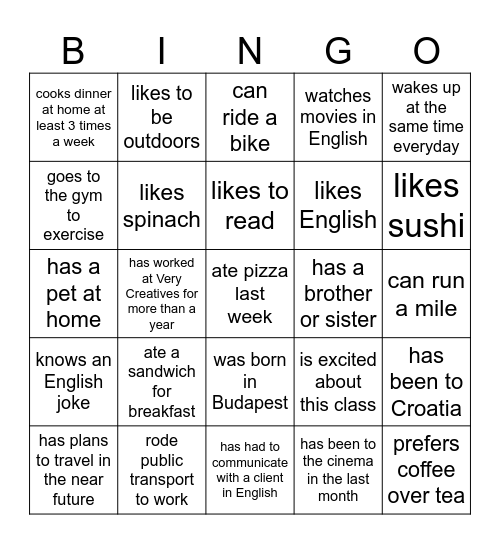 Very Creatives - Find Someone Who - Lesson 1 Bingo Card