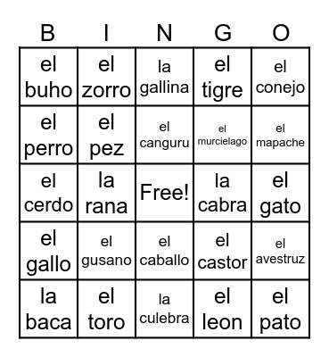 Los Animales Bingo Card