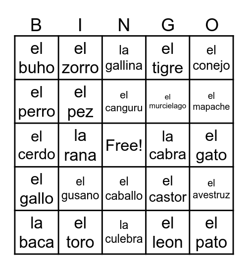 Los Animales Bingo Card