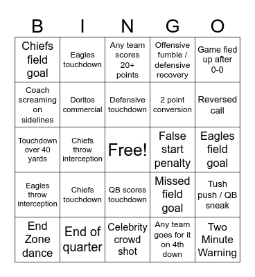 EAGLES VS. CHIEFS Bingo Card