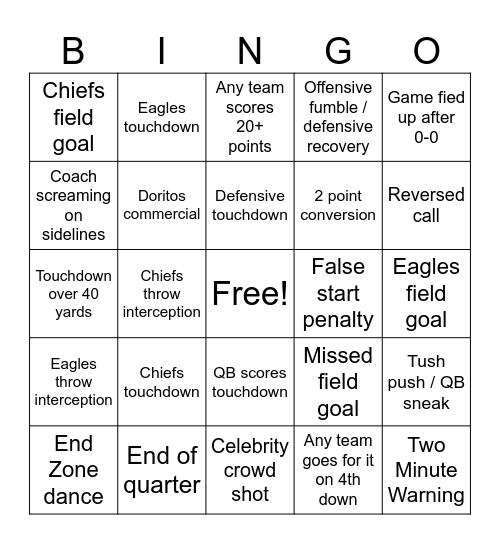 EAGLES VS. CHIEFS Bingo Card