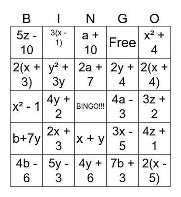 Algebra Bingo Card
