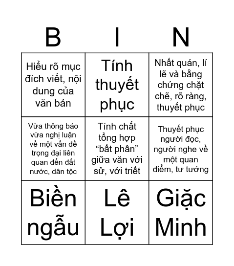 TÌM HIỂU CHUNG VỀ VĂN NGHỊ LUẬN VÀ BÌNH NGÔ ĐẠI CÁO Bingo Card