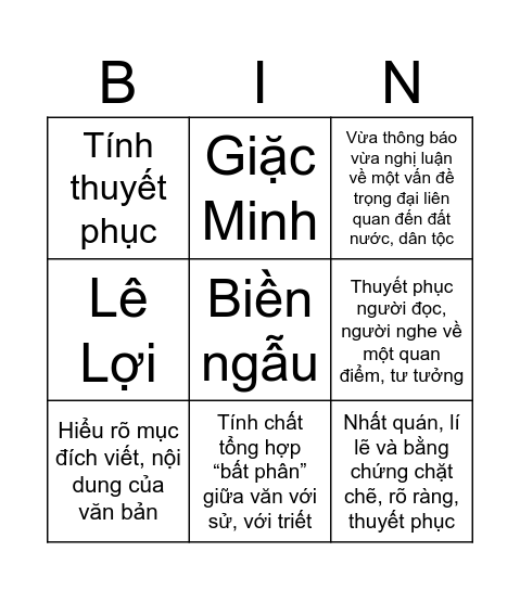 TÌM HIỂU CHUNG VĂN NGHỊ LUẬN VÀ BÌNH NGÔ ĐẠI CÁO Bingo Card