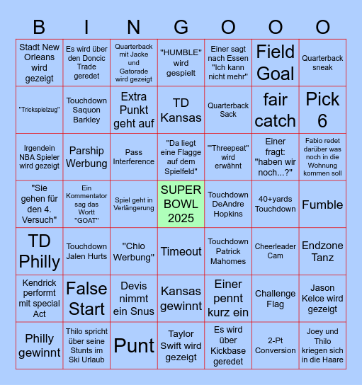 super bowl 2025 Bingo Card