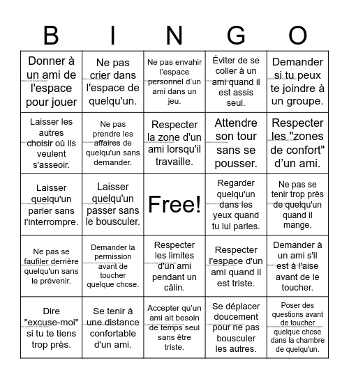Respecter l'espace des autre Bingo Card